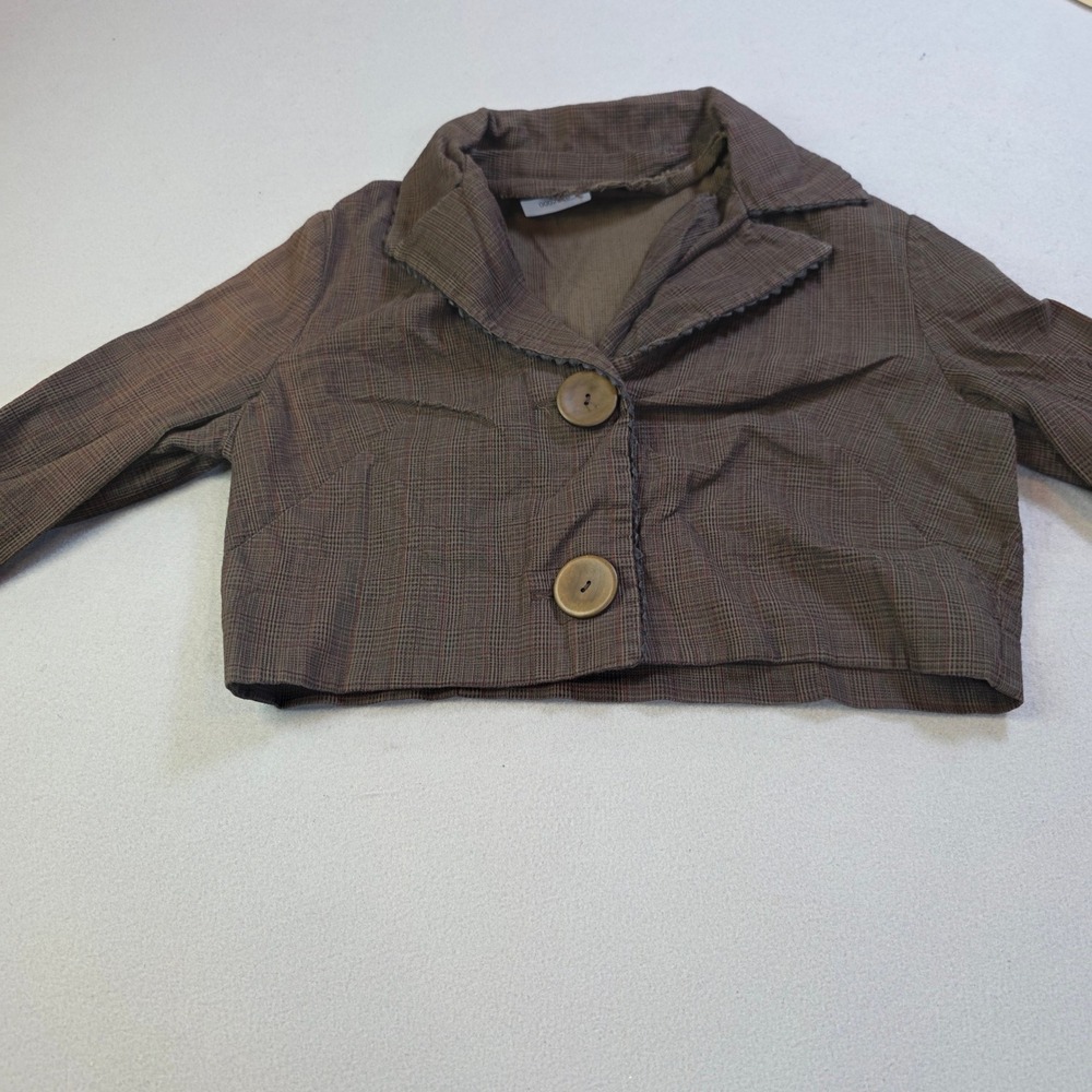 Brown Plaid Cropped Blazer Jacket Frayed Edge Grunge Punk Two Button 0002328